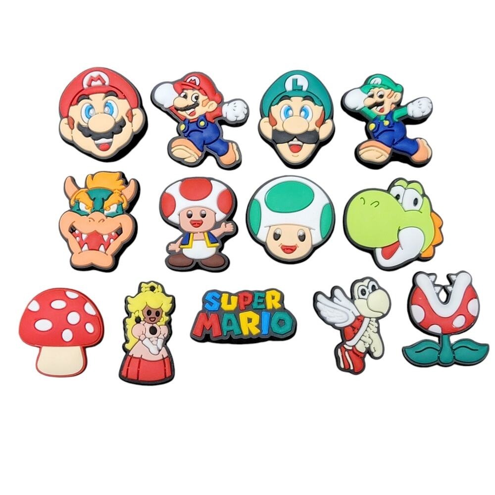 Super Mario Shoe Charms 13 Pc Clog Pins‎ Luigi Princess Peach Yoshi Bowser Toad